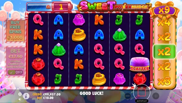 Sweet Powernudge base game screenshot showing reels and features