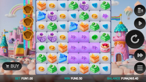 Sweetopia Royale base game screenshot showing reels and features