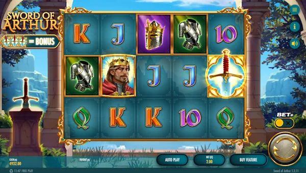 Sword of Arthur base game screenshot showing reels and features