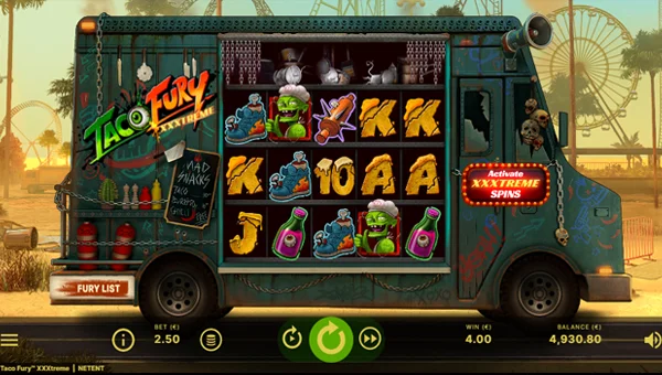 Taco Fury XXXtreme base game screenshot showing reels and features