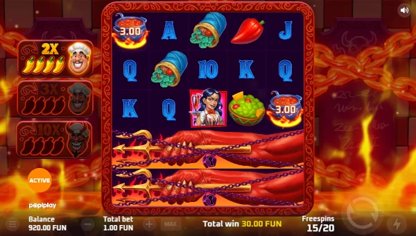 Screenshot of Taco Hell slot demo showing reels and bonus game features