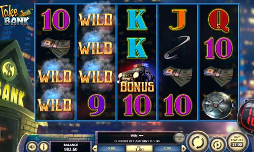 Take the Bank base game screenshot showing reels and features