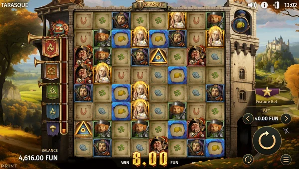 Tarasque base game screenshot showing reels and features