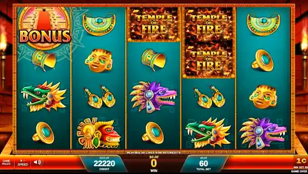 Temple of Fire base game screenshot showing reels and features