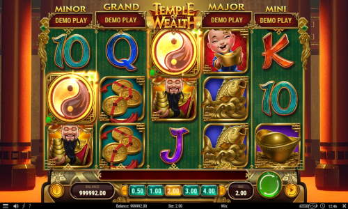 Temple of Wealth base game screenshot showing reels and features