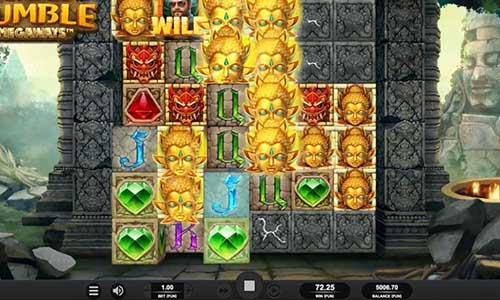Temple Tumble Megaways base game screenshot showing reels and features