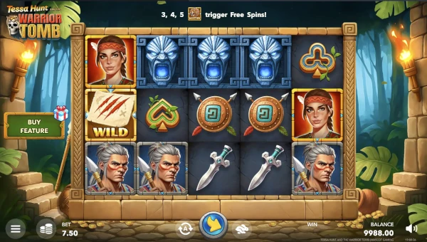 Tessa Hunt and the Warrior Tomb base game screenshot showing reels and features