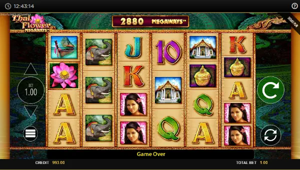 Thai Flower Megaways base game screenshot showing reels and features