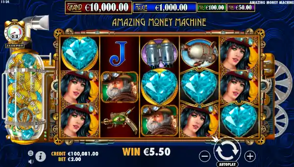 The Amazing Money Machine base game screenshot showing reels and features