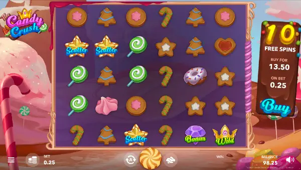 The Candy Crush base game screenshot showing reels and features