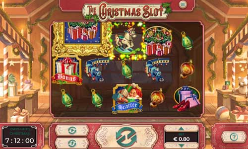 The Christmas Slot base game screenshot showing reels and features