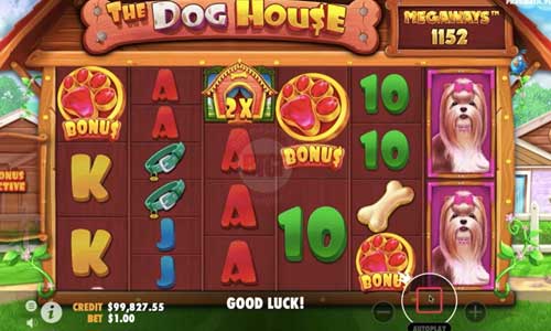 The Dog House Megaways base game screenshot showing reels and features