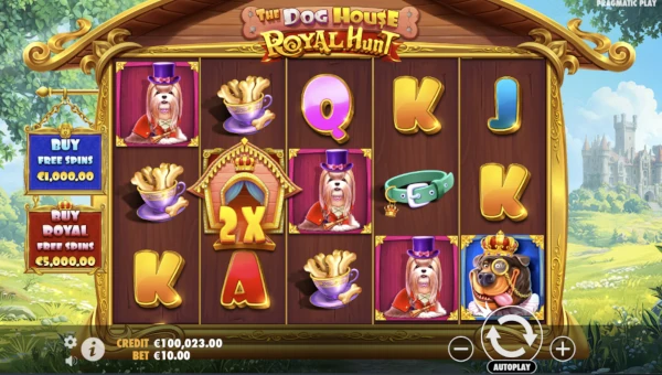 The Dog House Royal Hunt base game screenshot showing reels and features