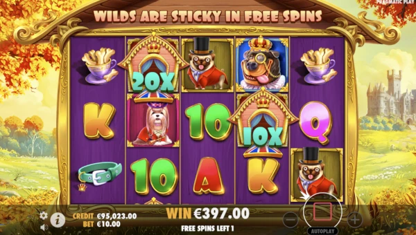 Screenshot of The Dog House Royal Hunt slot demo showing reels and bonus game features