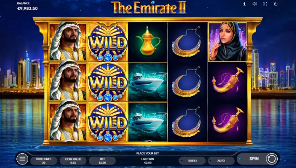 The Emirate 2 base game screenshot showing reels and features
