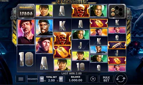 The Expendables Megaways base game screenshot showing reels and features