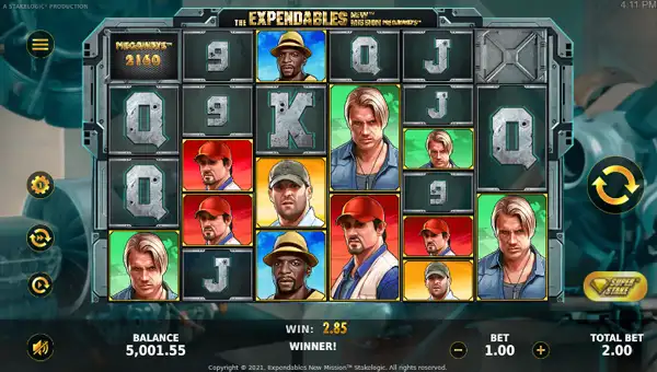 The Expendables New Mission Megaways base game screenshot showing reels and features