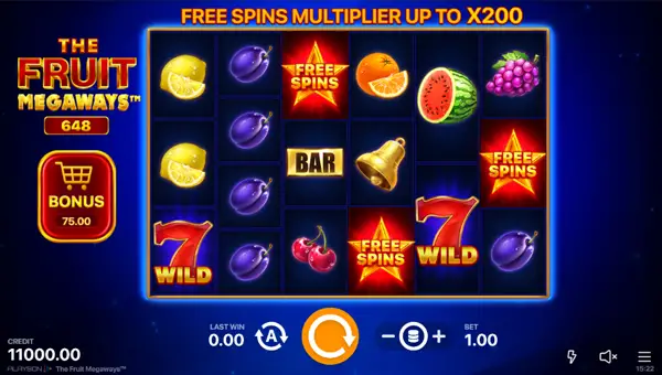 The Fruit Megaways base game screenshot showing reels and features