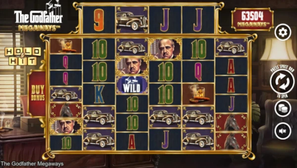 The Godfather Megaways base game screenshot showing reels and features