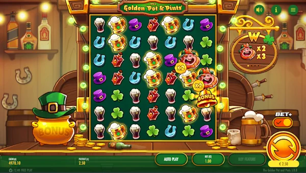 The Golden Pot and Pints base game screenshot showing reels and features