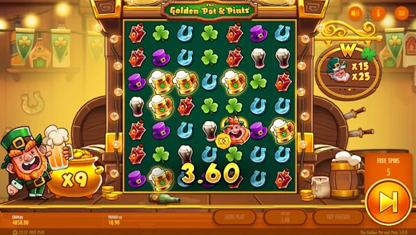 Screenshot of The Golden Pot and Pints slot demo showing reels and bonus game features