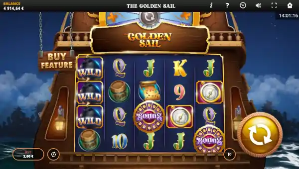 The Golden Sail base game screenshot showing reels and features