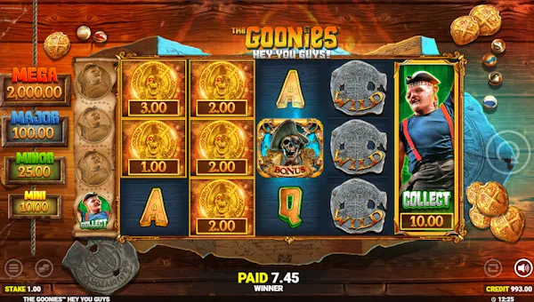 The Goonies Hey You Guys base game screenshot showing reels and features