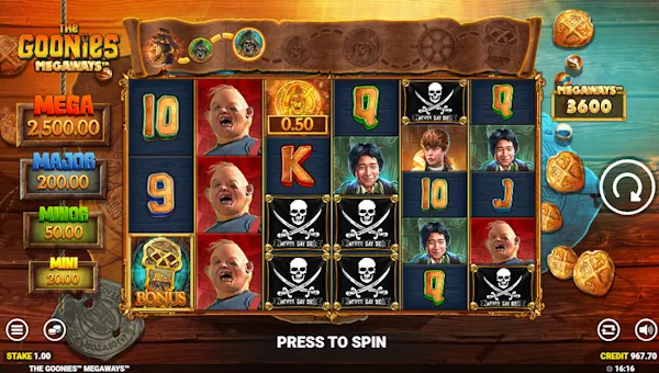 The Goonies Megaways base game screenshot showing reels and features