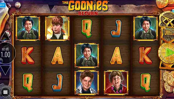 The Goonies Return base game screenshot showing reels and features