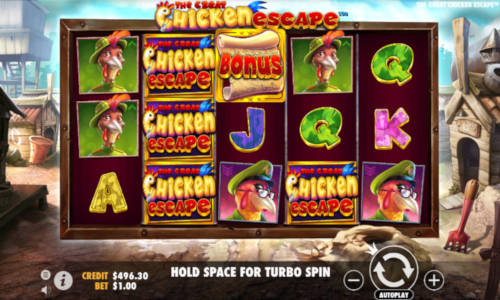 The Great Chicken Escape base game screenshot showing reels and features