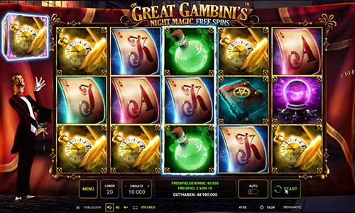 The Great Gambinis Night Magic base game screenshot showing reels and features