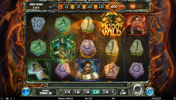 Screenshot of The Green Knight Oath of Thorns slot demo showing reels and bonus game features