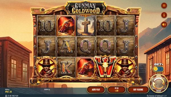 The Gunman of Goldwood base game screenshot showing reels and features