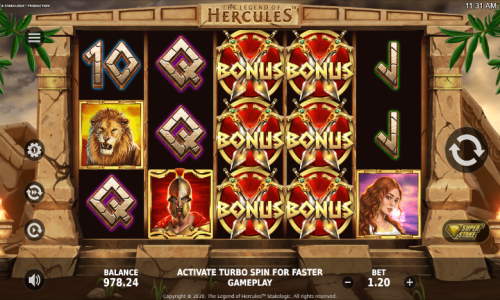 The Legend of Hercules base game screenshot showing reels and features