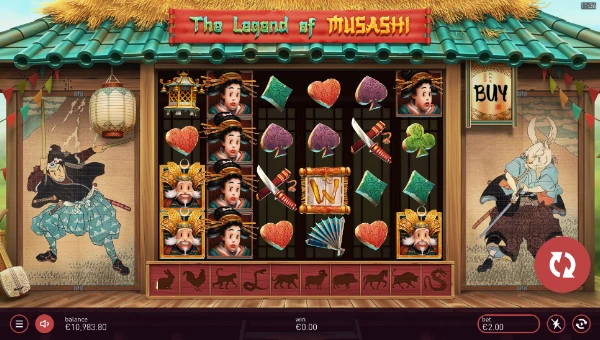 The Legend of Musashi base game screenshot showing reels and features