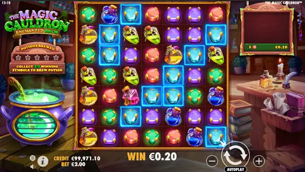 The Magic Cauldron base game screenshot showing reels and features