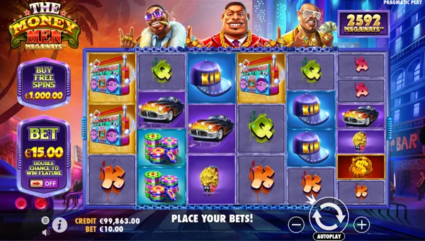 The Money Men Megaways base game screenshot showing reels and features