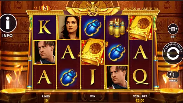 The Mummy Books of Amun Ra base game screenshot showing reels and features