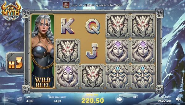 Screenshot of The Myth Deluxe slot demo showing reels and bonus game features