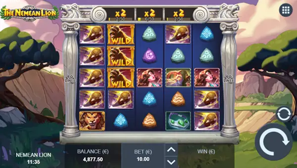 The Nemean Lion base game screenshot showing reels and features