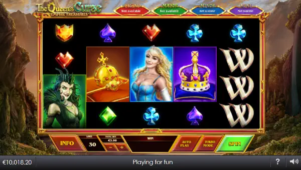 The Queens Curse Empire Treasures base game screenshot showing reels and features