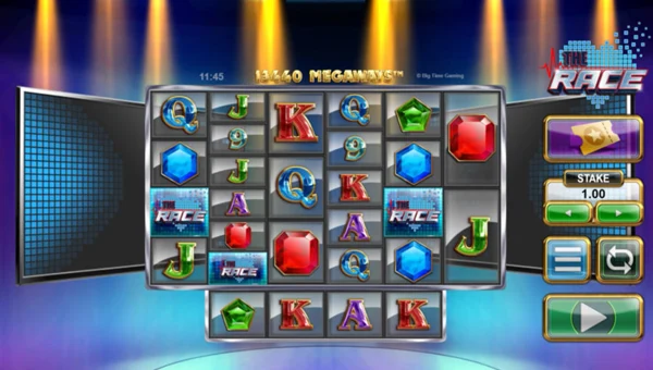 The Race Megaways base game screenshot showing reels and features