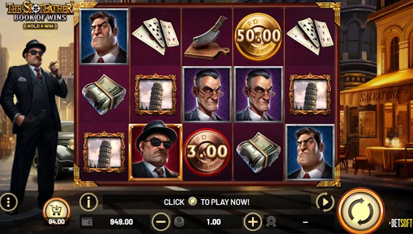 The Slotfather Book of Wins base game screenshot showing reels and features