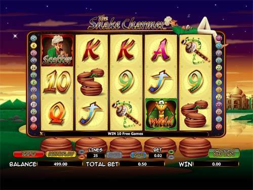 The Snake Charmer base game screenshot showing reels and features