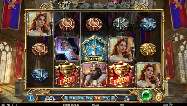 The Sword and the Grail Excalibur base game screenshot showing reels and features