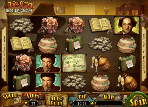 The Three Stooges Brideless Groom base game screenshot showing reels and features