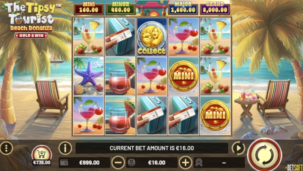 The Tipsy Tourist Beach Bonanza base game screenshot showing reels and features