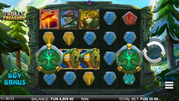 The Trolls Treasure base game screenshot showing reels and features