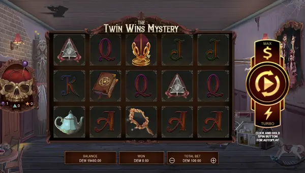 The Twin Wins Mystery base game screenshot showing reels and features