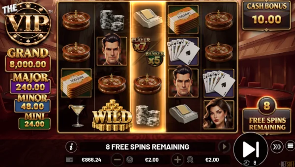 Screenshot of The VIP slot demo showing reels and bonus game features